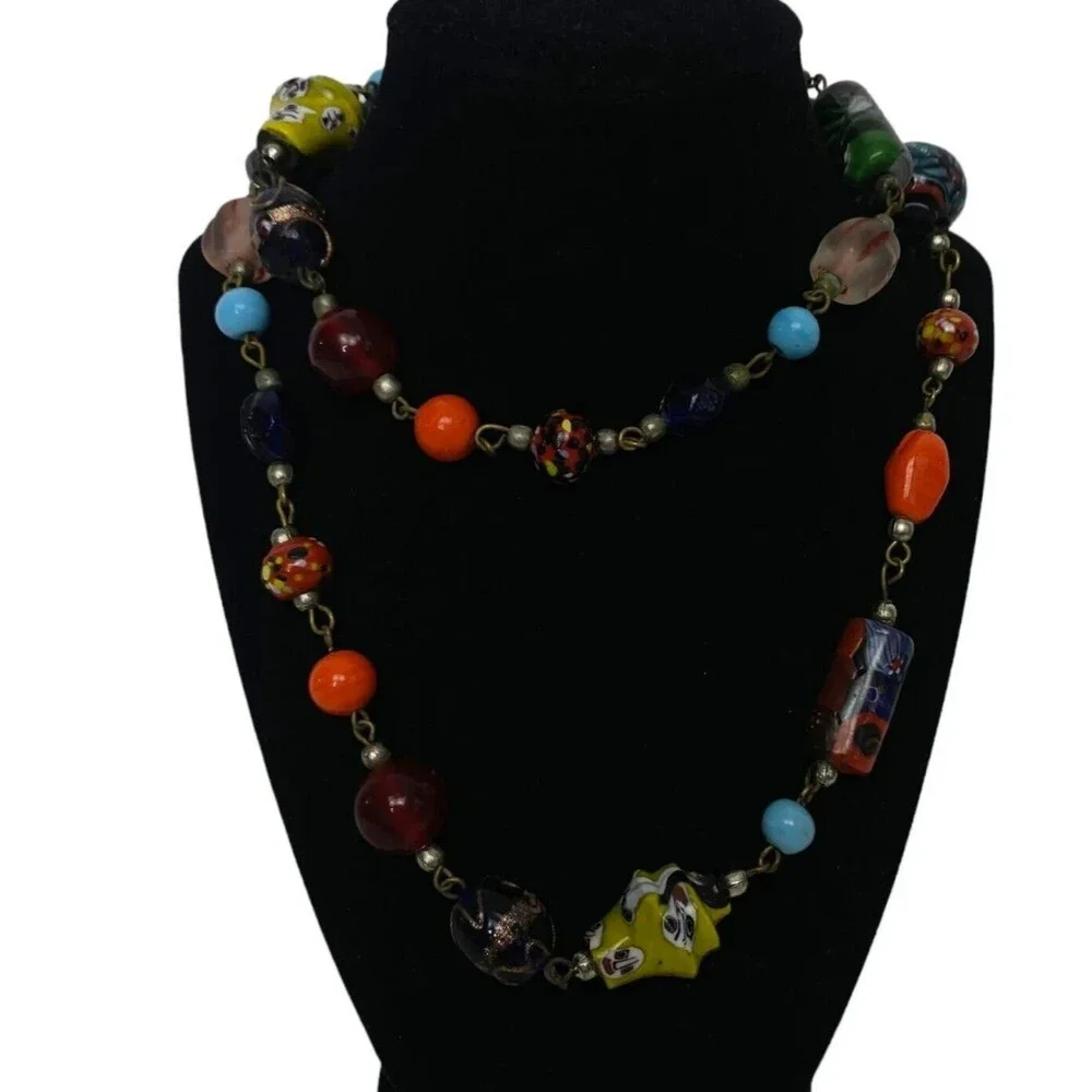 Artisan Necklace Venetian Art Glass Millefiori Lamp Worked Beads Multi Colored